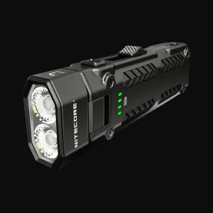 Lampe EDC tete rotative Nitecore EDC09 1600 lumens, vue trois quarts double LED et indicateurs de charge